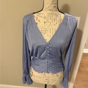 Anthropologie Gray Ruched V-Neck Blouse